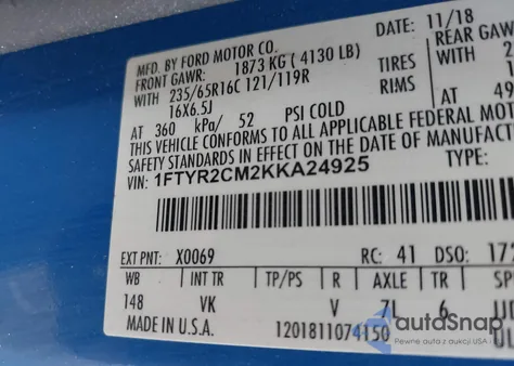 2019 Ford Transit-250 из США, поврежденный, VIN 1FTYR2CM2KKA24925